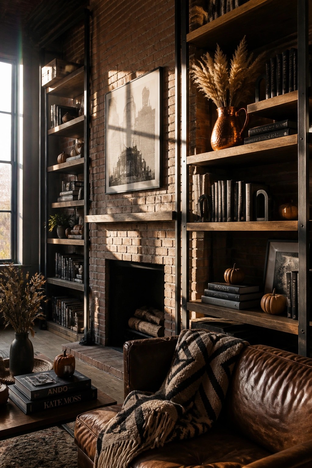 Cozy brick fireplace room with wooden bookshelves, leather sofa, and autumn decor.