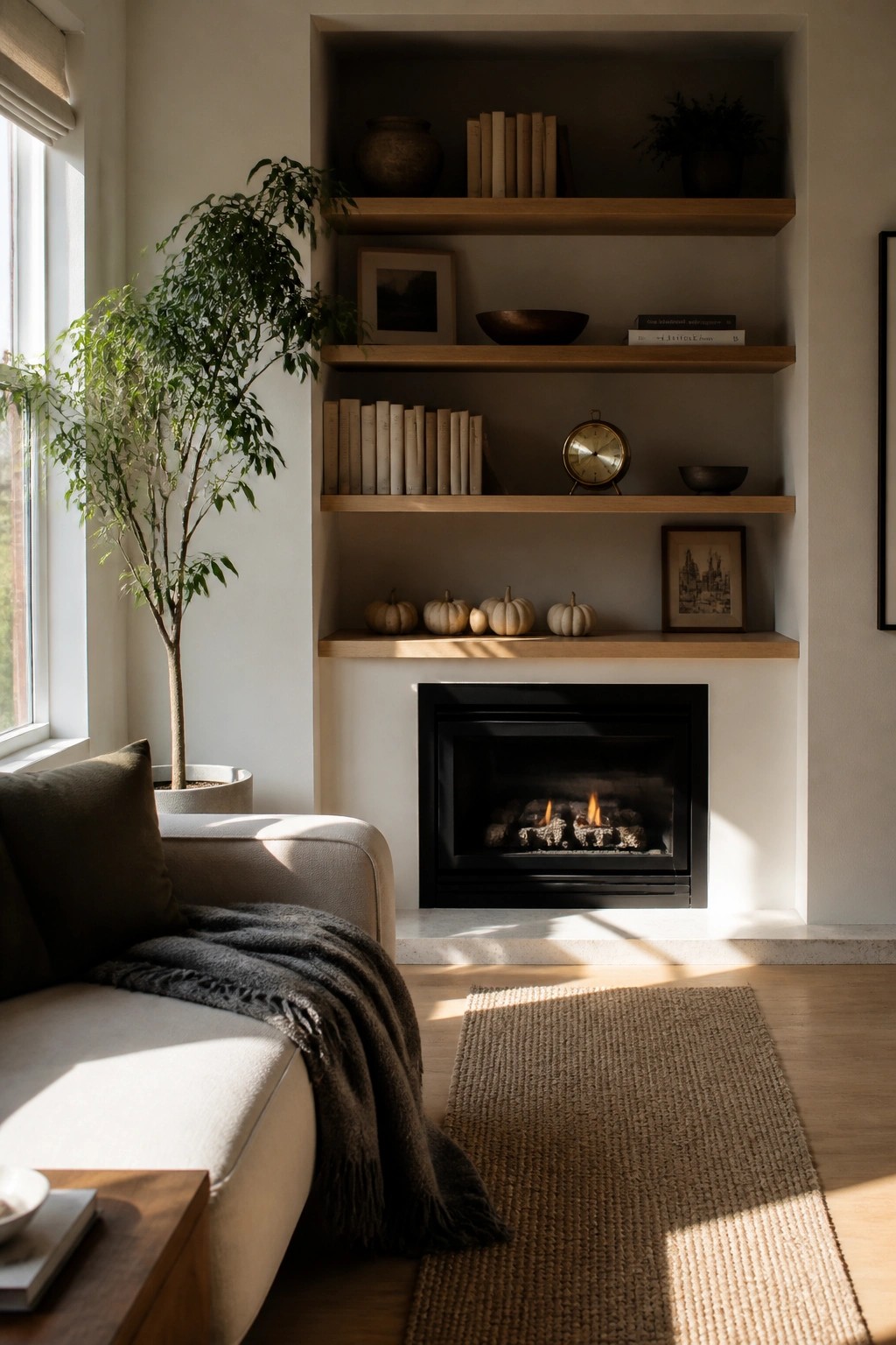 A living room with built-in wooden shelves above a black fireplace, styled with rows of books, small white pumpkins on one shelf, and framed art.