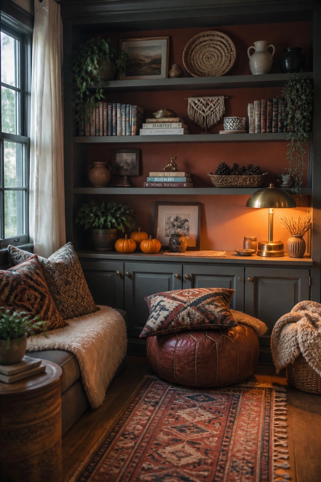 Cozy nook with built-in shelves, leather pouf, patterned rug, and warm lamp light.