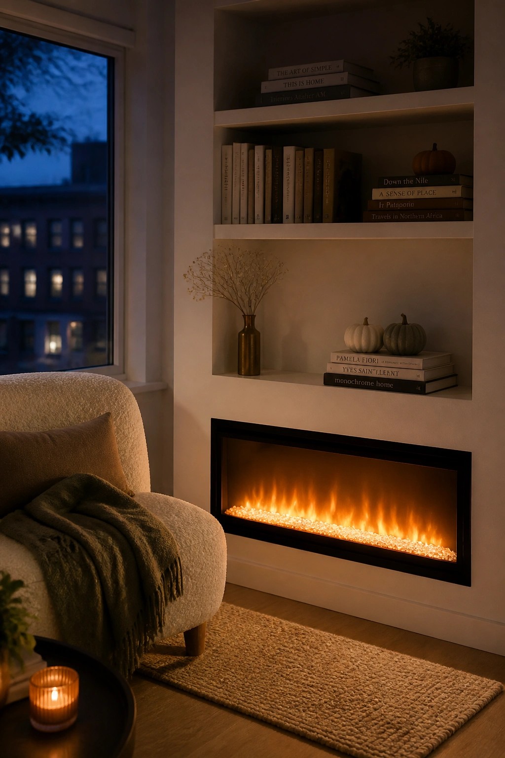 Cozy nook with glowing fireplace, bookshelves, pumpkins, and armchair by window.