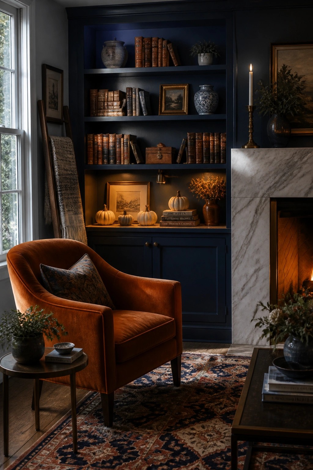 A living room corner showing dark blue built-in bookshelves styled with books, small pumpkins, and vases beside a marble fireplace and orange armchair.