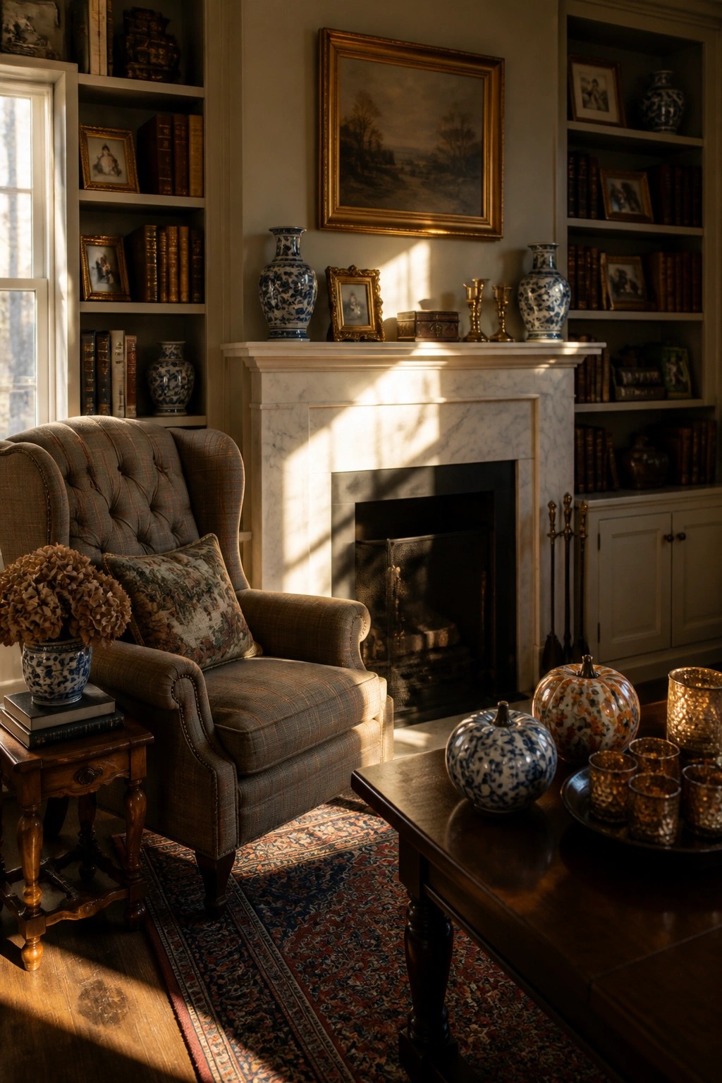 A living room featuring built-in bookshelves on both sides of a marble fireplace, filled with books, blue and white vases, and small framed pictures.