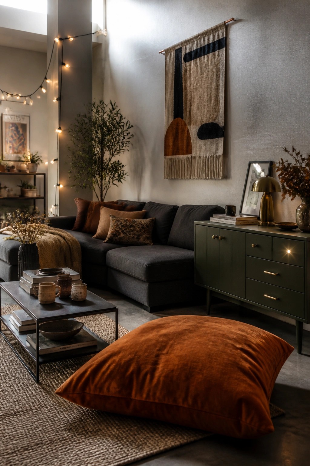 A modern living room with a dark gray sectional sofa, warm-toned pillows, a green sideboard, and a large orange floor pillow on a woven rug.