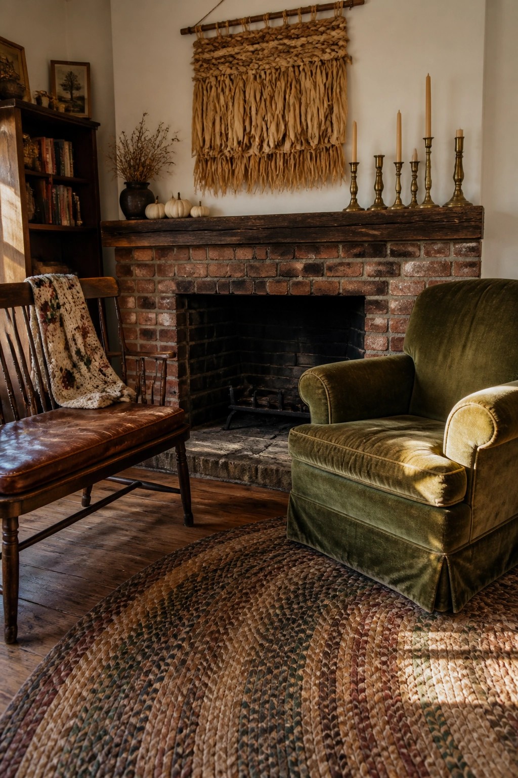 Cozy room with green velvet armchair, brick fireplace, braided rug, and wooden furniture