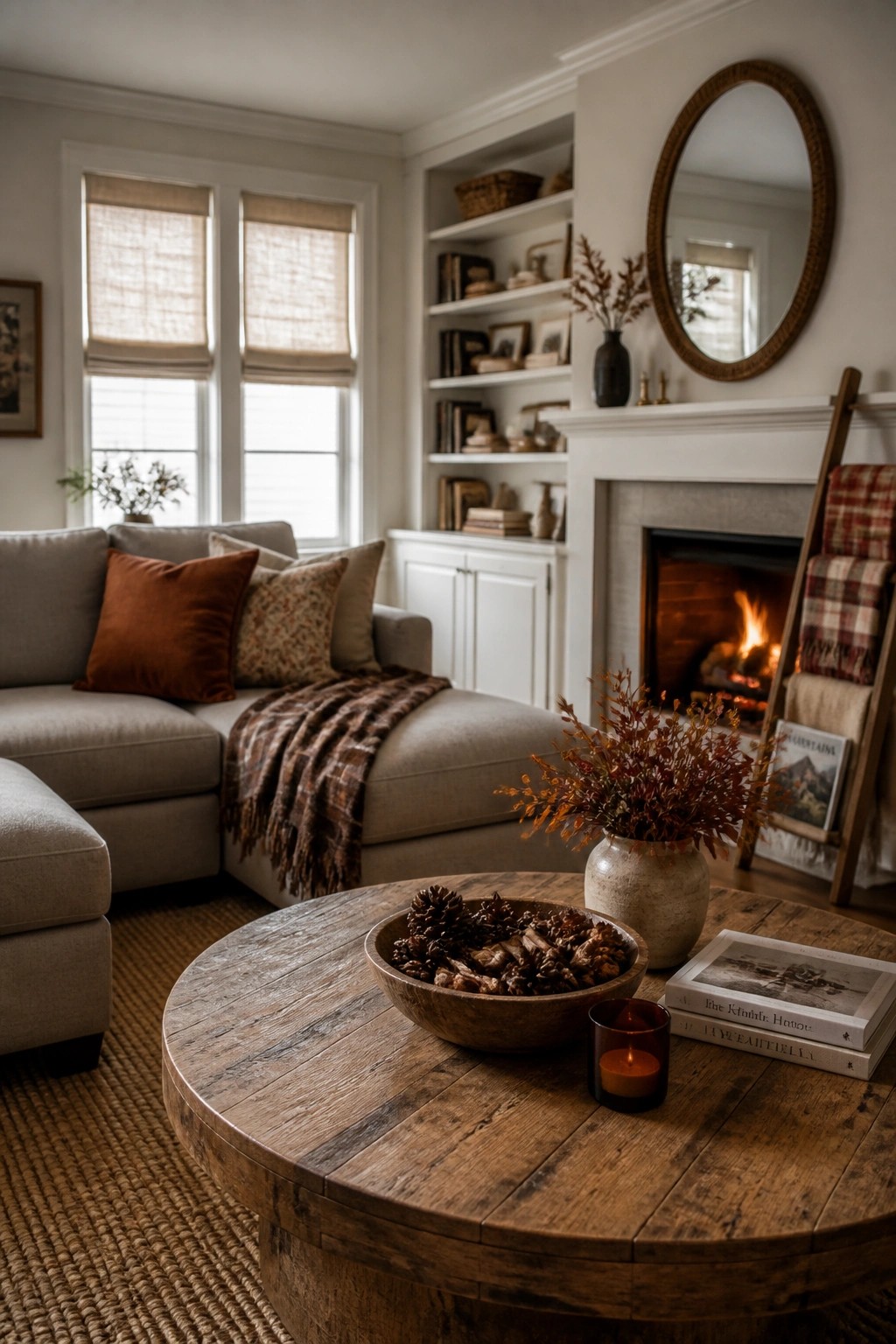 A living room with a round wooden coffee table holding a bowl of pinecones and nuts, a lit candle, and a vase of dried branches, next to a gray sectional sofa and a lit fireplace.