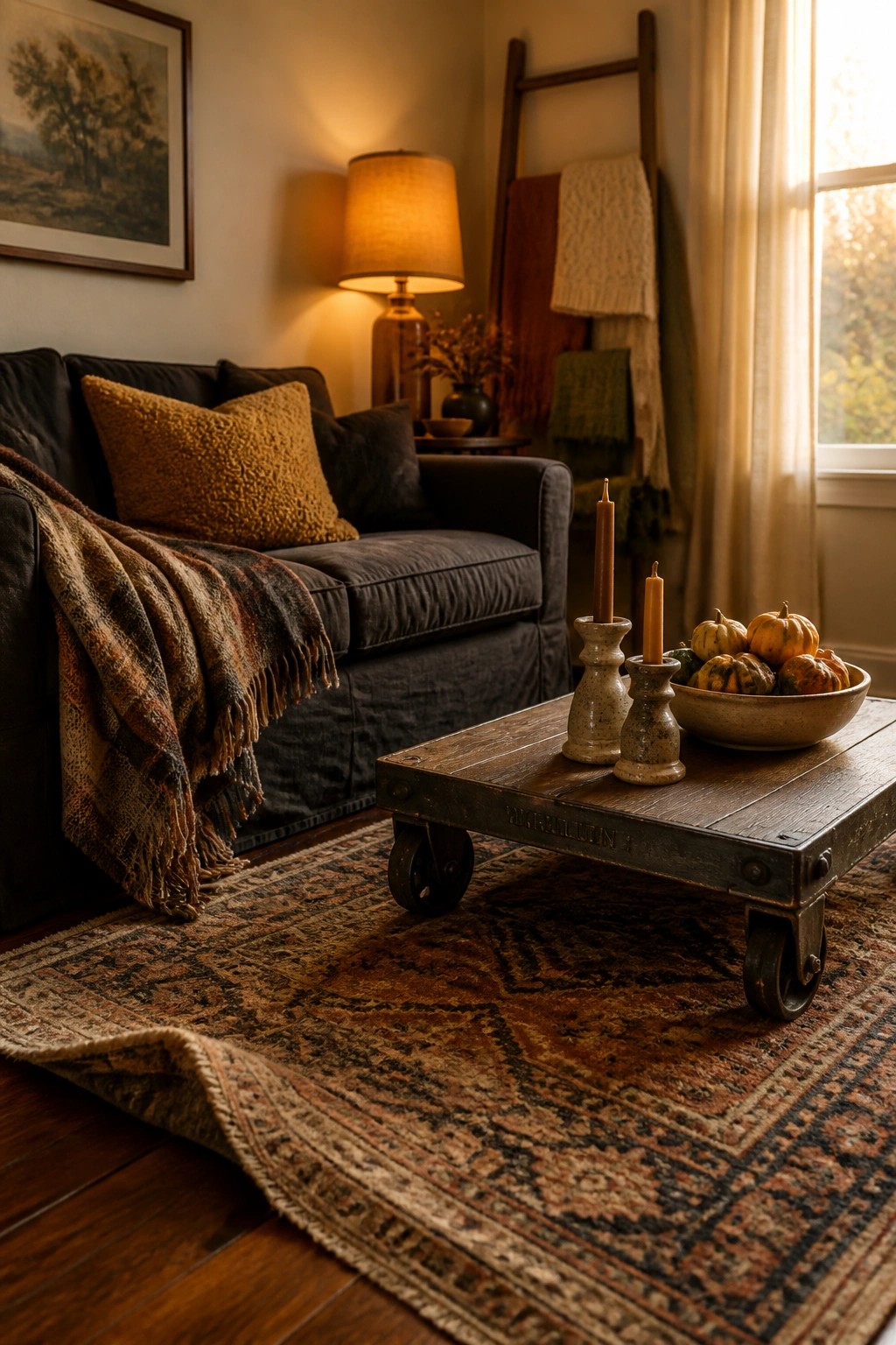 A living room with a wooden coffee table on wheels holding a bowl of small pumpkins and two taper candles, next to a dark sofa with a plaid throw.