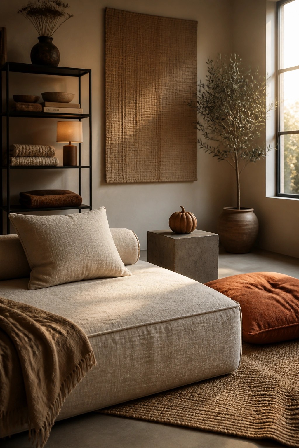 Minimalist room with beige chaise lounge, orange cushion, woven rug, and potted tree.