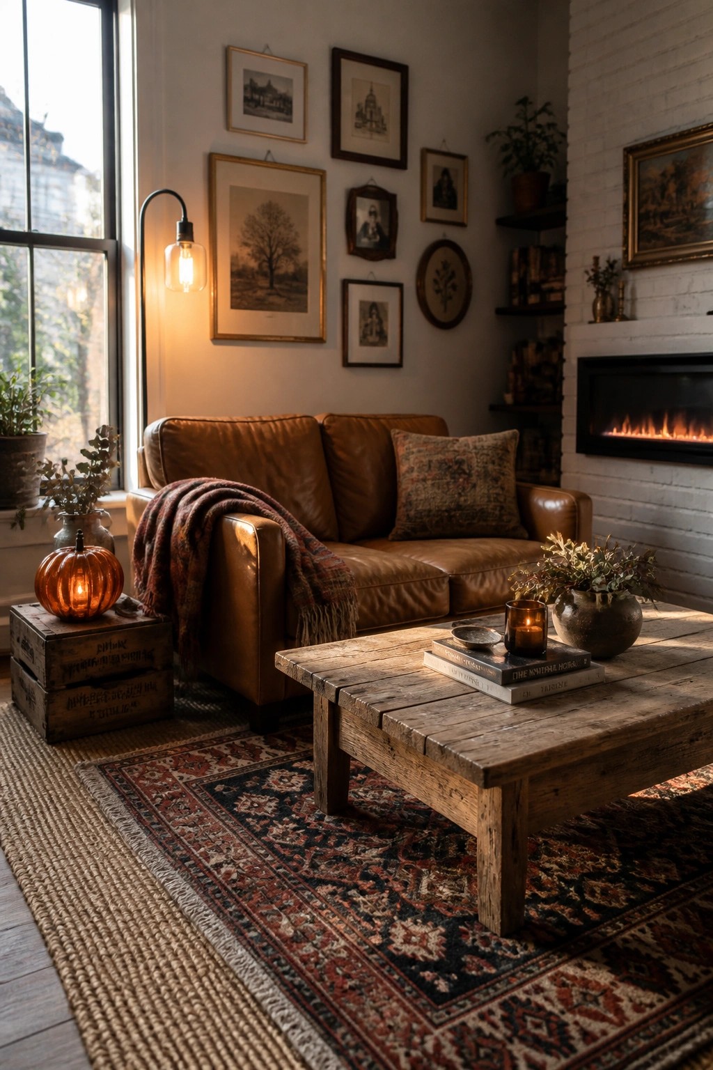 Cozy rustic living room with brown leather sofa, wooden coffee table, and gallery wall.