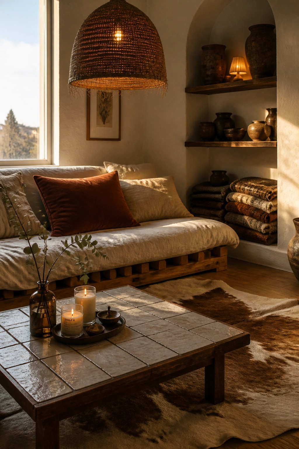 A cozy living room with a low wooden pallet sofa layered with white and rust-colored pillows, a tiled coffee table holding lit candles, and wooden shelves displaying pottery and folded blankets.