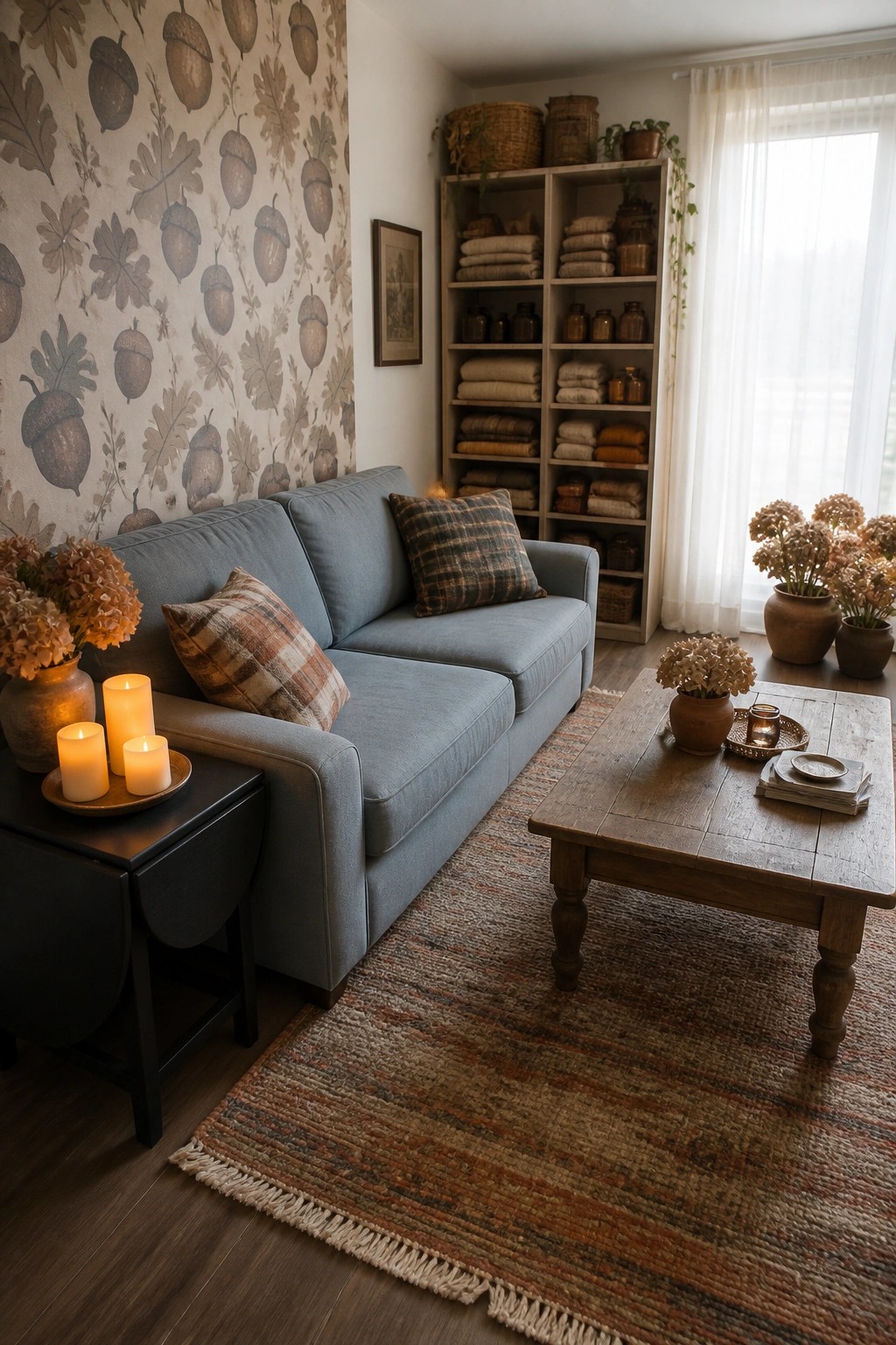 A blue sofa with plaid pillows sits in a living room with a wooden coffee table, lit candles, a striped rug, and built-in shelves holding folded textiles.