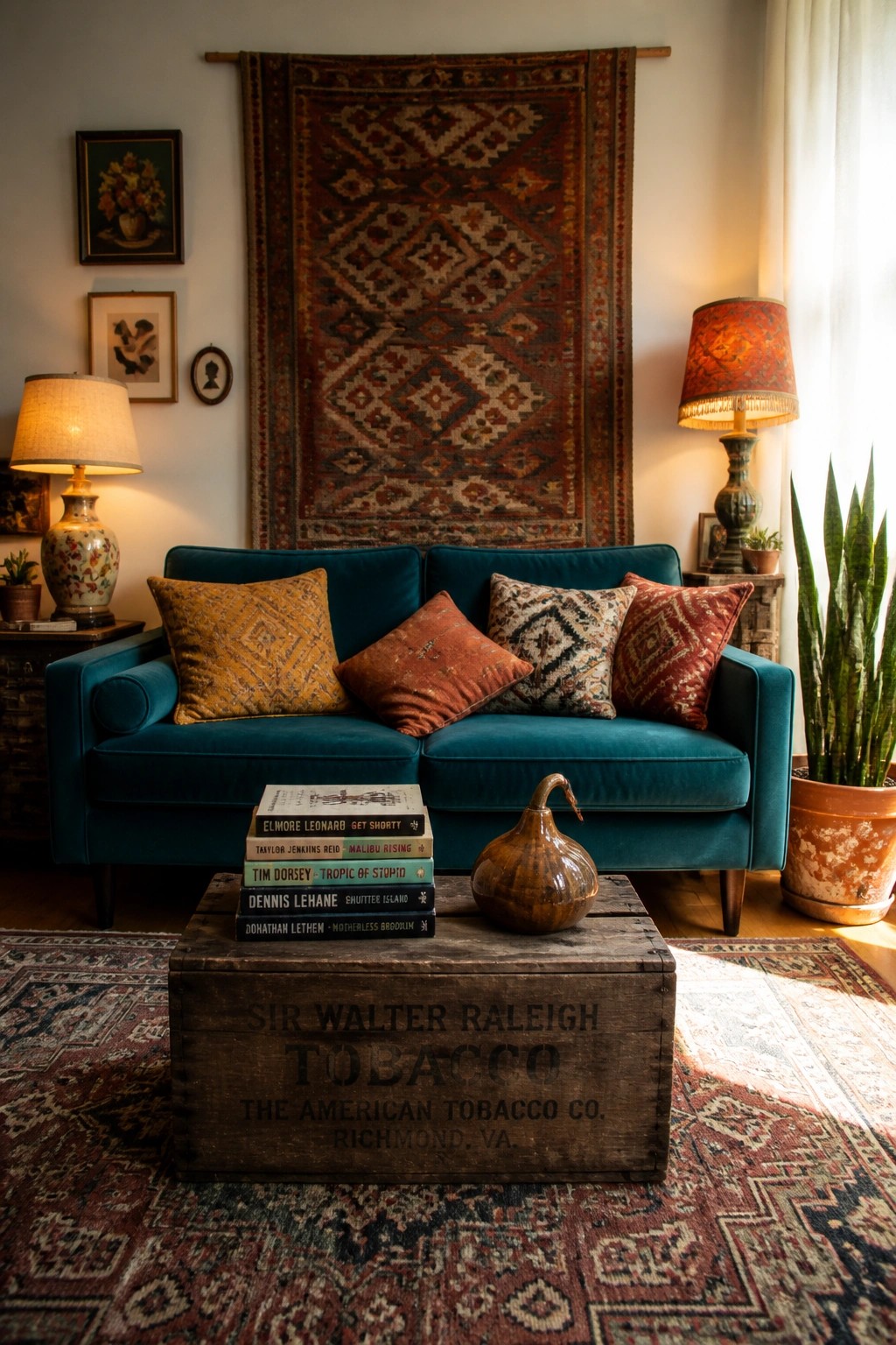 A living room with a teal sofa, wooden crate coffee table holding books and a gourd, layered patterned rugs, and two lit table lamps.