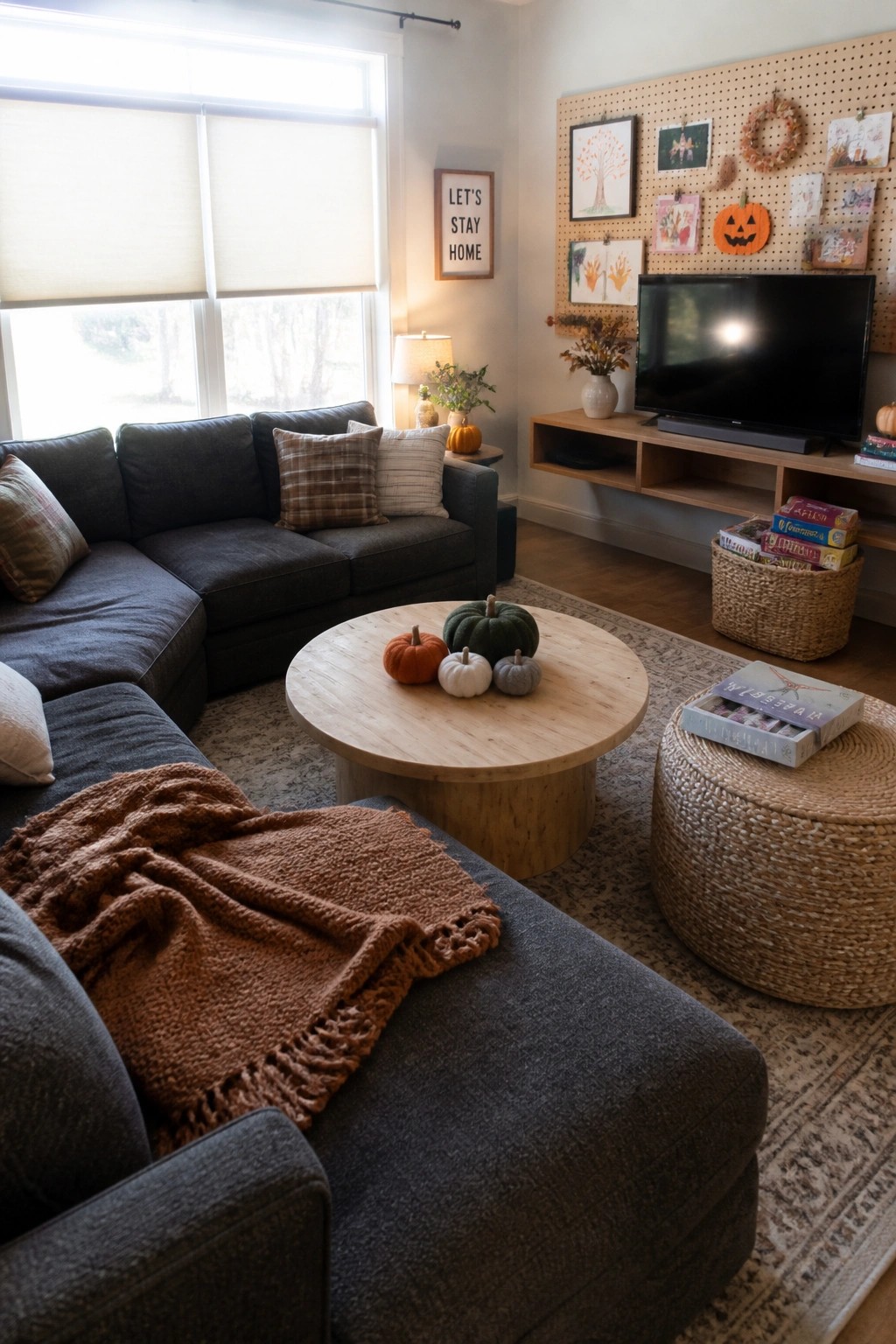 A living room with a dark gray sectional sofa, round wooden coffee table holding small pumpkins, and a pegboard wall with fall decorations above a television.
