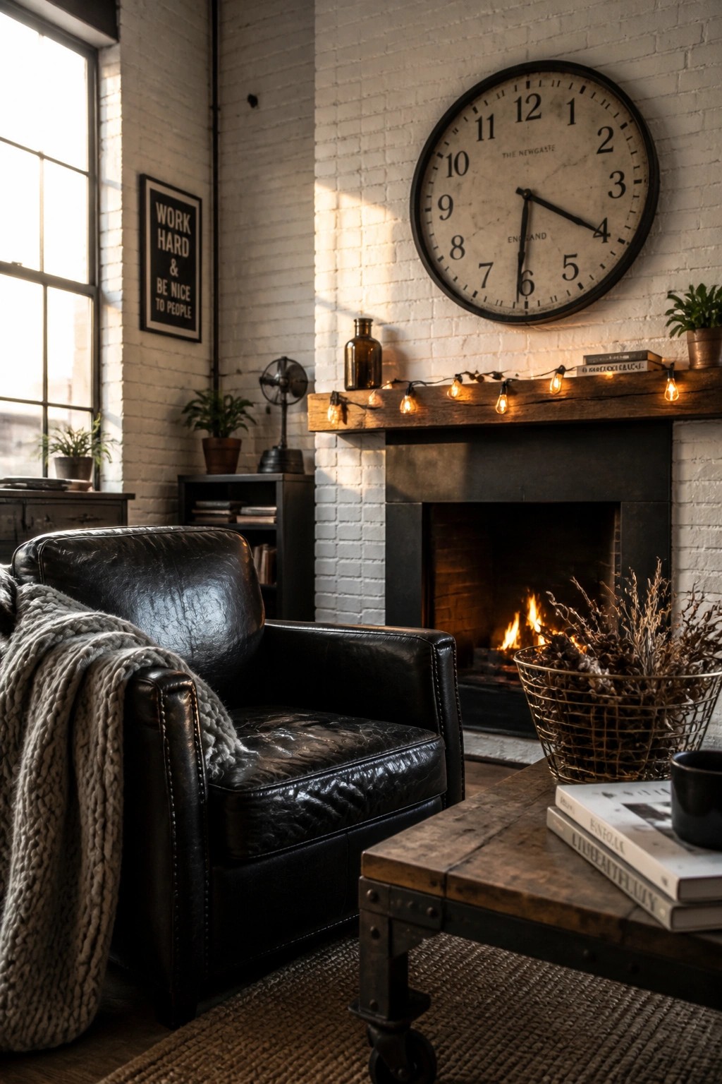 A living room with a black leather chair next to a brick fireplace that has string lights along the wooden mantel and a large wall clock above it.
