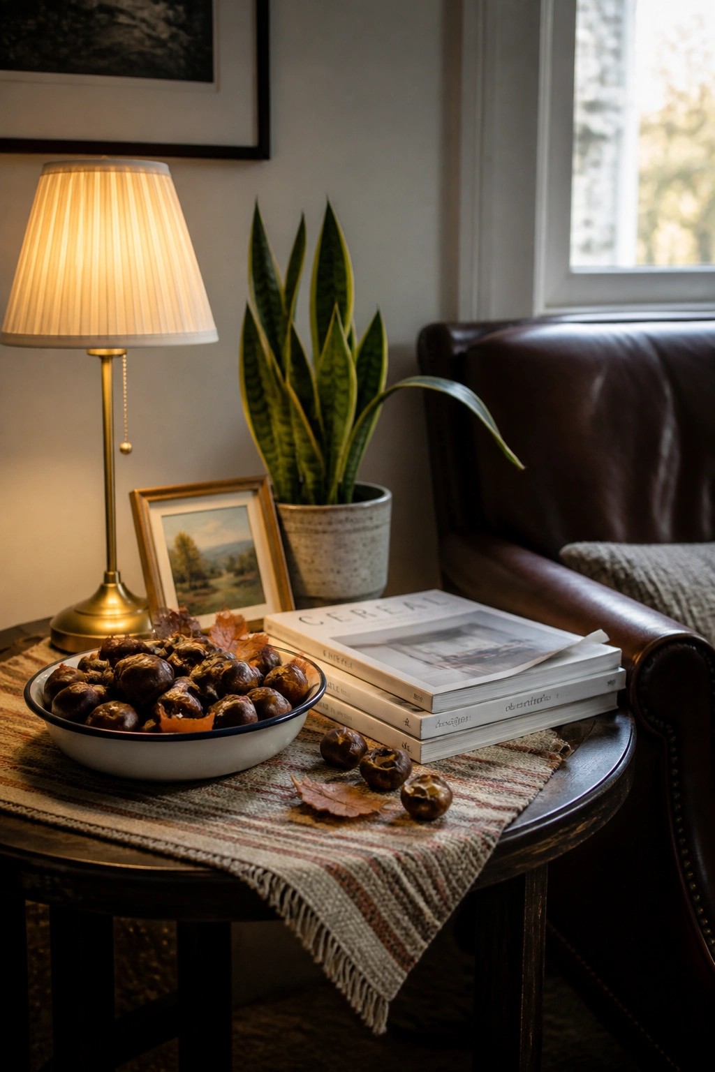 A round wooden table with a white bowl of chestnuts, a few scattered chestnuts and dry leaves, stacked magazines, a lit table lamp, and a potted snake plant nearby.
