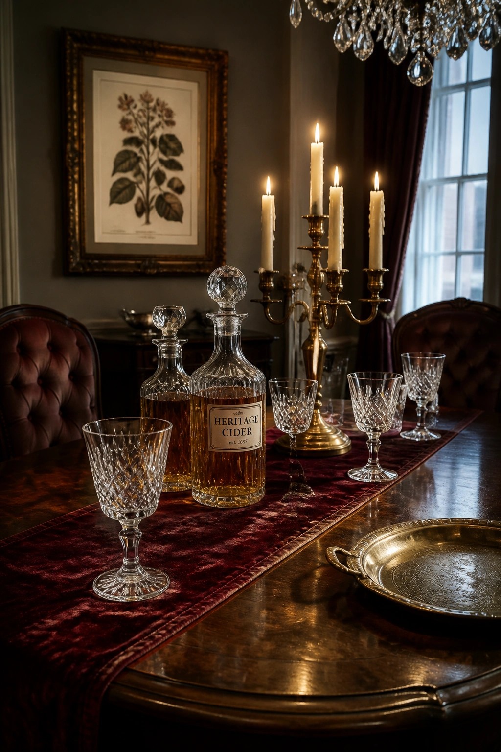 A wooden dining table covered with a red velvet runner holds crystal glasses, two glass cider decanters, and a brass candelabra with lit candles.