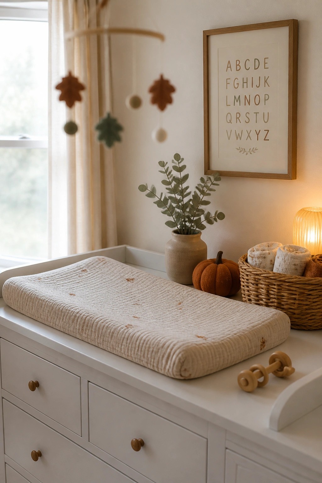 A white changing table with a padded cover holds a small orange pumpkin, a ceramic vase with greenery, and a wicker basket in a softly lit nursery.