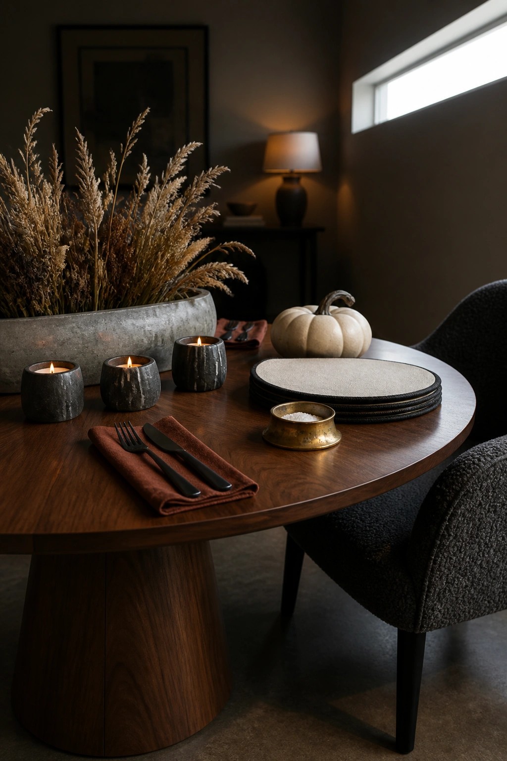A round wooden dining table styled with lit candles in dark holders, a small white pumpkin, dried grasses in a concrete planter, and basic place settings with napkins and cutlery.