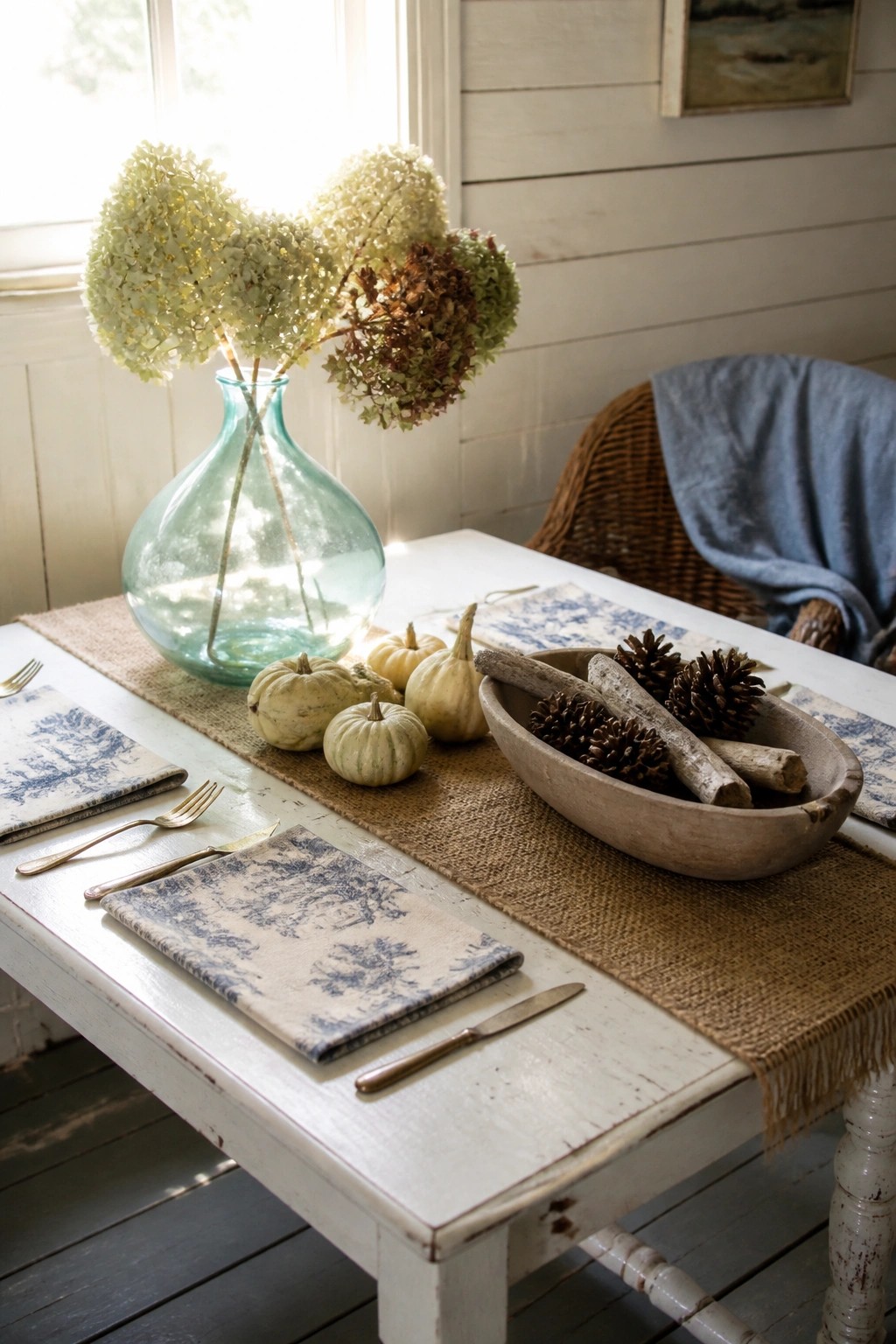 A white distressed dining table with a burlap runner holding small pumpkins, a wooden bowl of pinecones and sticks, blue patterned napkins, and a glass vase of dried hydrangeas.