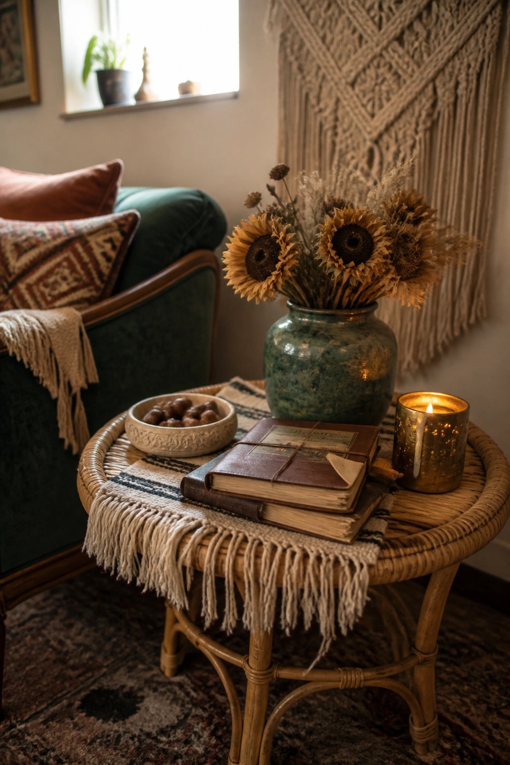 Cozy rattan table with dried sunflowers, old books, bowl, and lit candle in boho room.