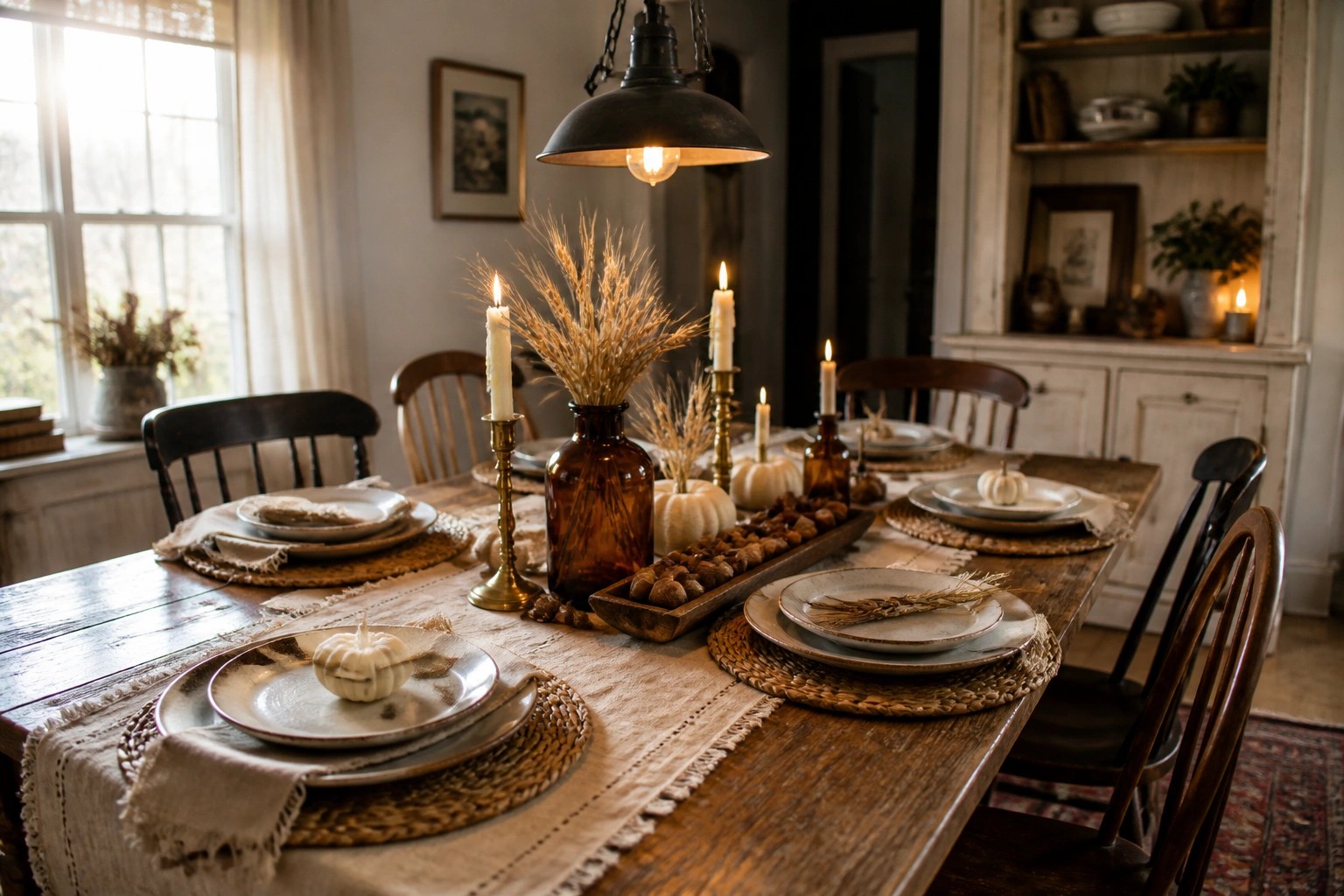A rustic wooden dining table set with a long linen runner, white pumpkins, brass candle holders, brown glass bottles with dried stems, and woven placemats.