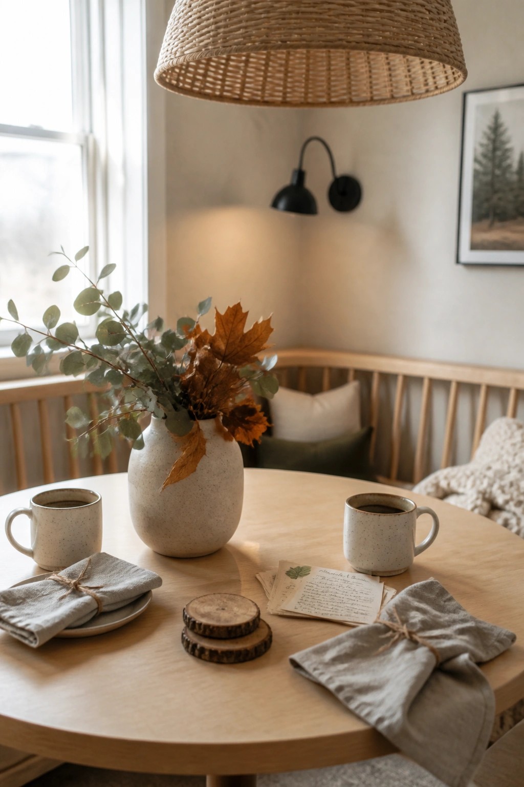 A round wooden dining table holds two ceramic mugs, a speckled ceramic vase with eucalyptus and dried maple leaves, folded linen napkins, and small wooden coasters.