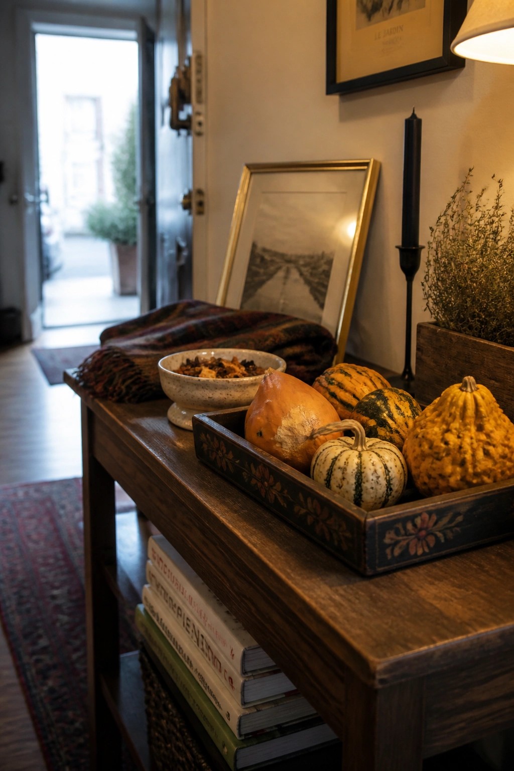 A wooden console table displays a dark decorative tray filled with assorted pumpkins and gourds, with books visible on the shelf below.