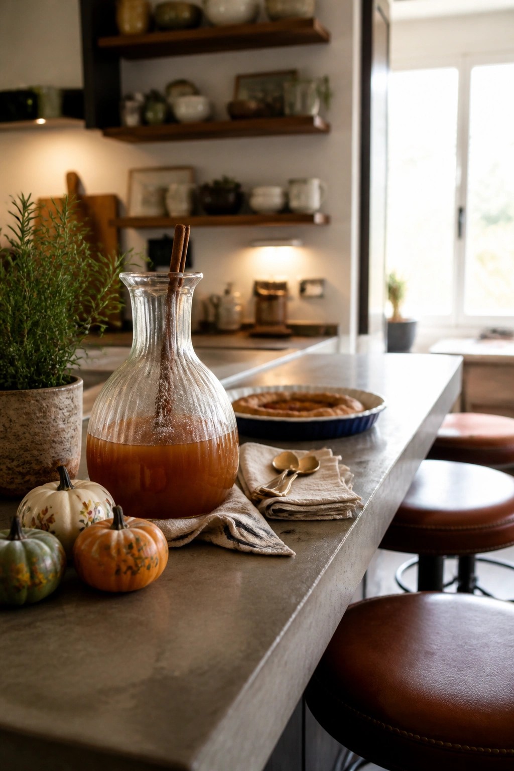 A kitchen island holds several small decorative pumpkins, a glass carafe with a drink and cinnamon sticks, a pie, and two brown leather stools.