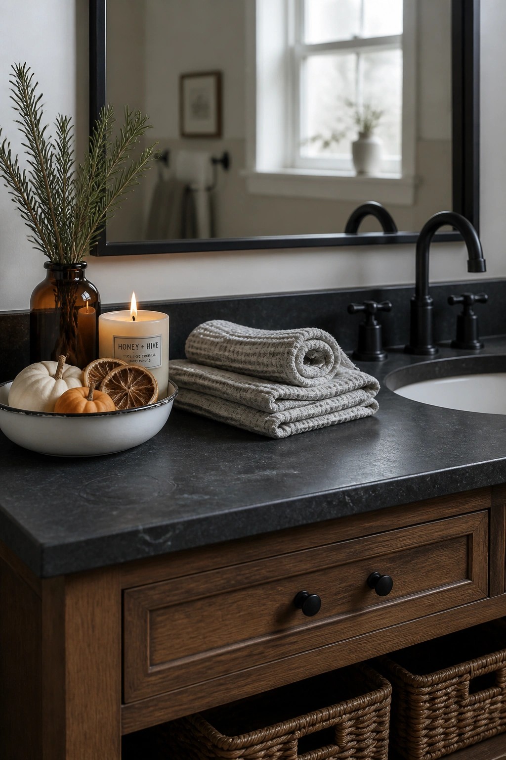 A bathroom vanity countertop with a white bowl holding small white and orange pumpkins and dried orange slices, beside a lit candle and a brown glass vase with greenery.