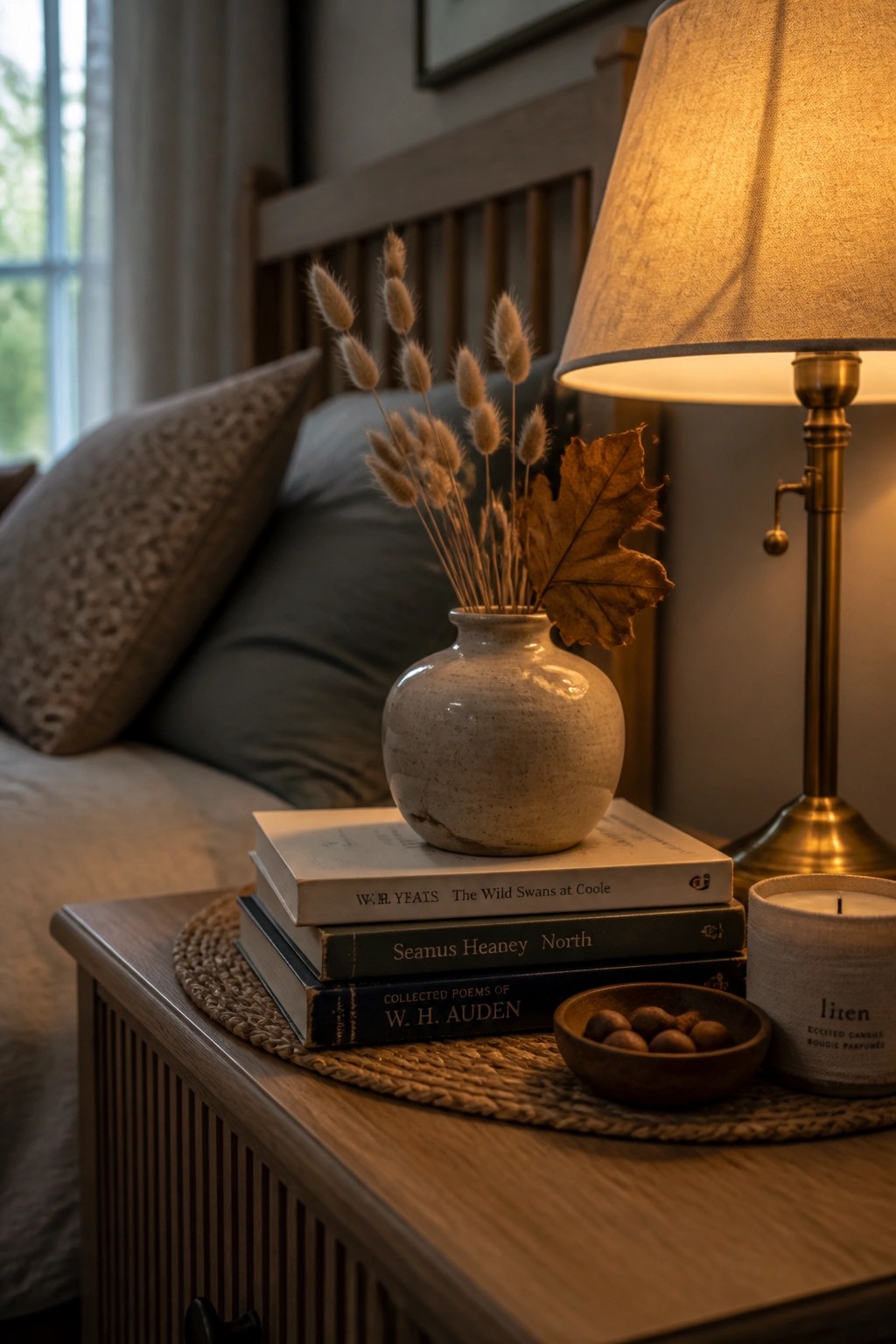 A wooden nightstand holds a stack of poetry books topped with a ceramic vase of dried grasses and a leaf, next to a lit lamp and a candle.