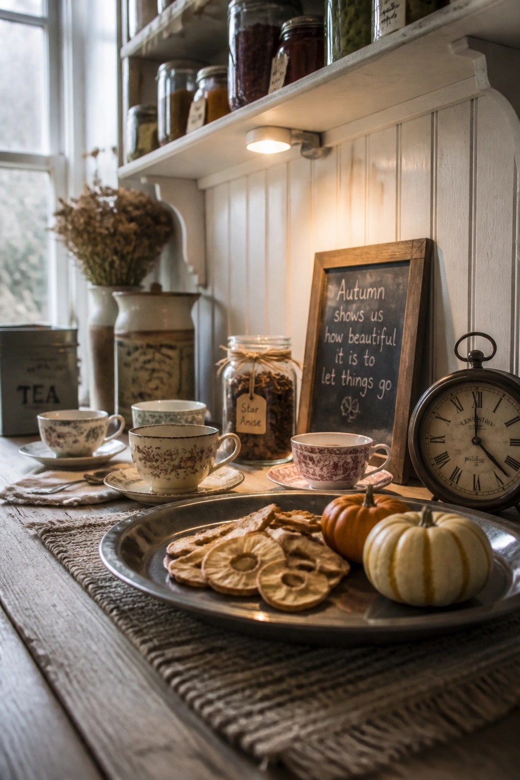 A wooden table holds a metal tray with dried apple slices and two small pumpkins beside several floral teacups and a chalkboard sign.