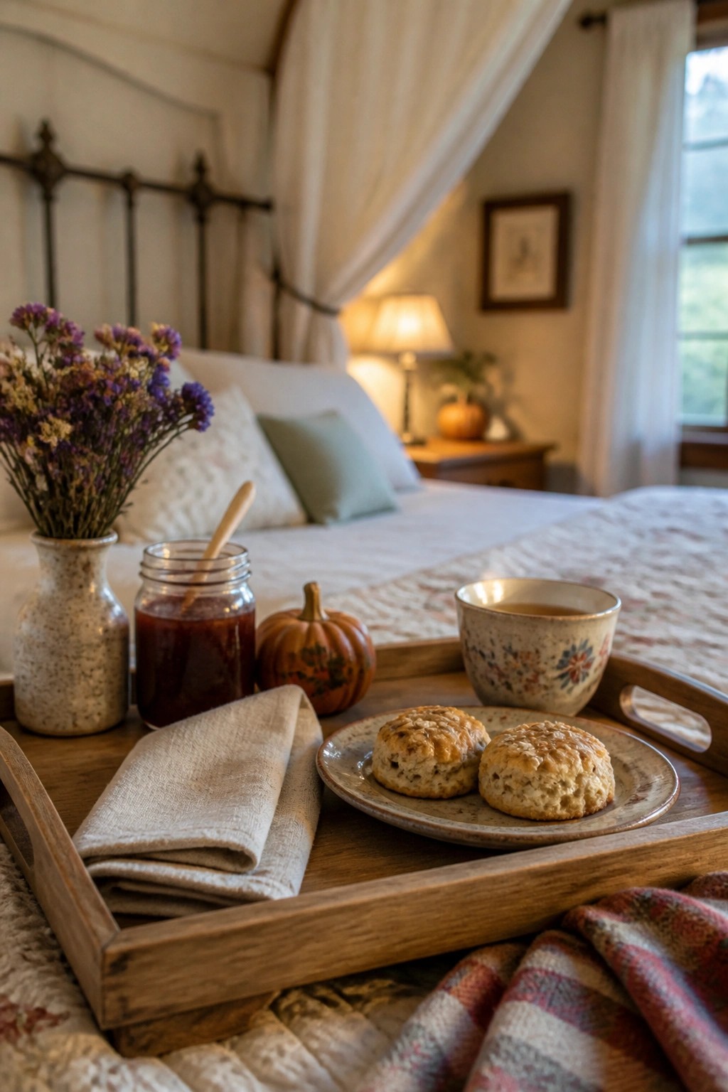 A wooden tray with scones, jam, a cup of tea, a small pumpkin, and flowers sits on a bed in a cozy bedroom.