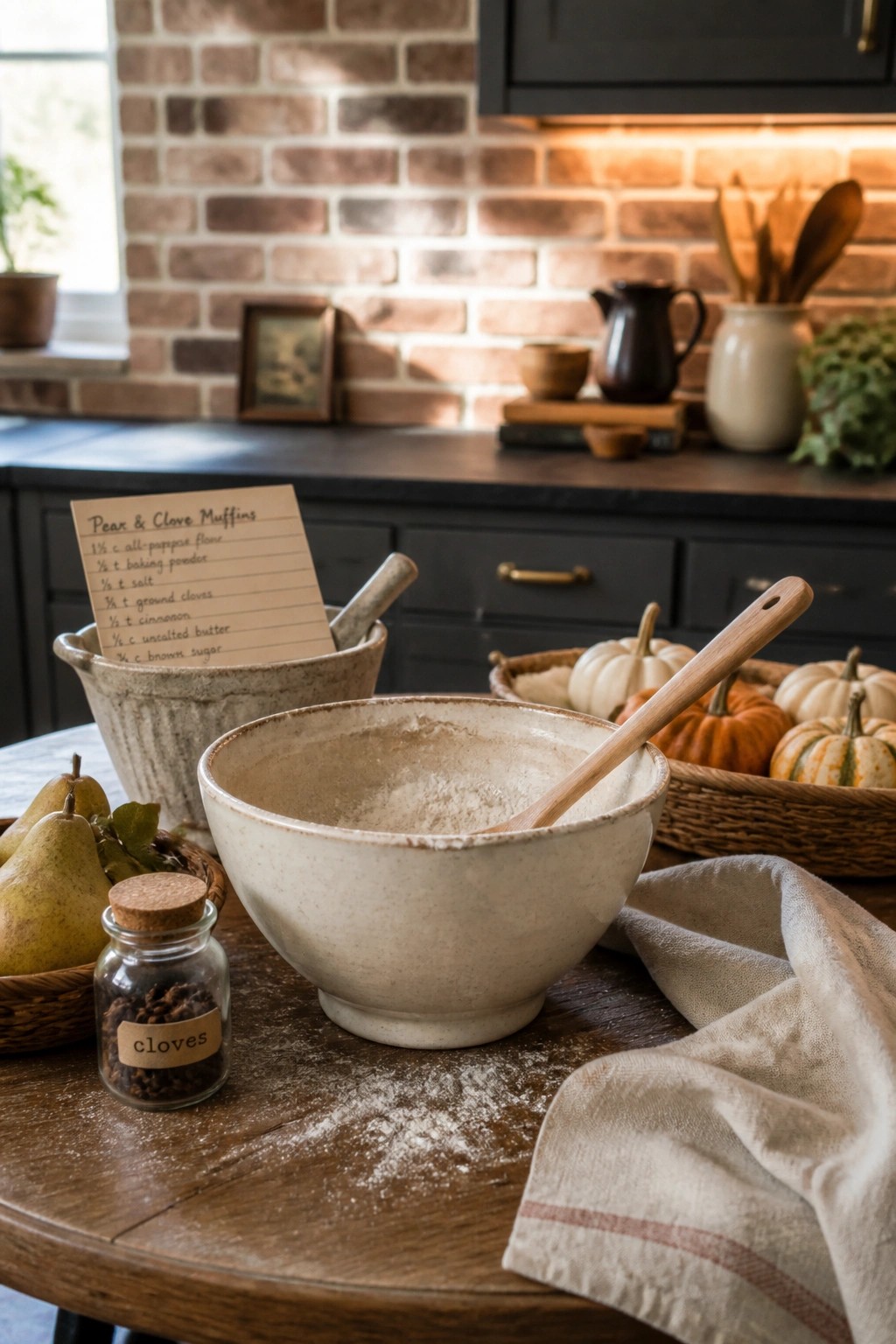 A wooden kitchen table holds a ceramic mixing bowl with flour and a wooden spoon, a handwritten recipe card for pear and clove muffins, fresh pears in a basket, small pumpkins, a jar of cloves, and a linen cloth.
