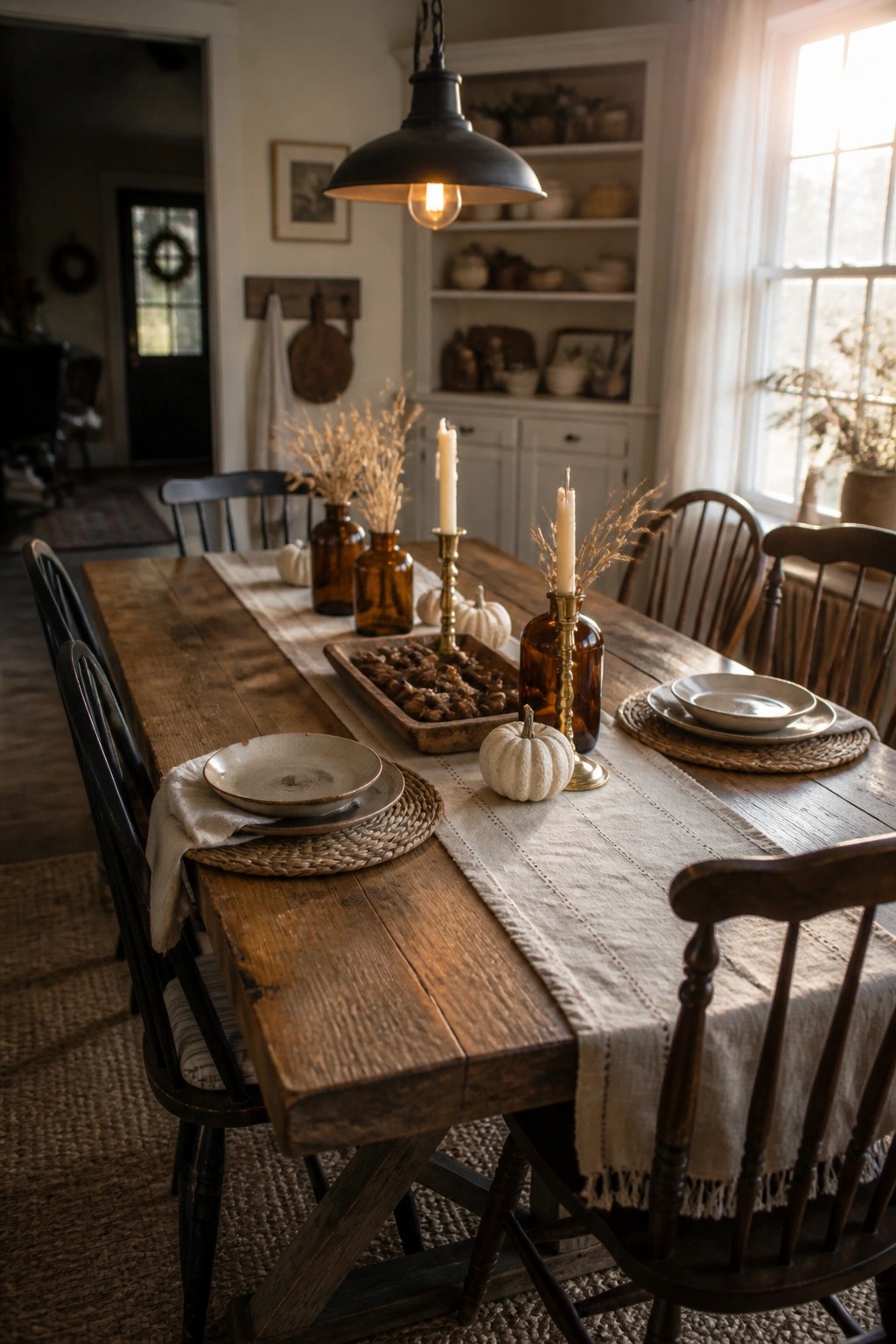 A rustic wooden dining table set with a long linen runner, white pumpkins, brass candle holders, brown glass bottles with dried stems, and woven placemats.