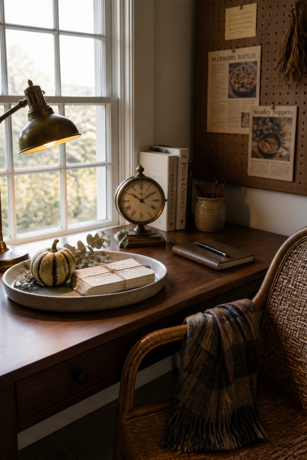 A wooden desk holds a speckled tray with a striped gourd, eucalyptus, and bundled papers beside a lit brass lamp and a vintage clock.