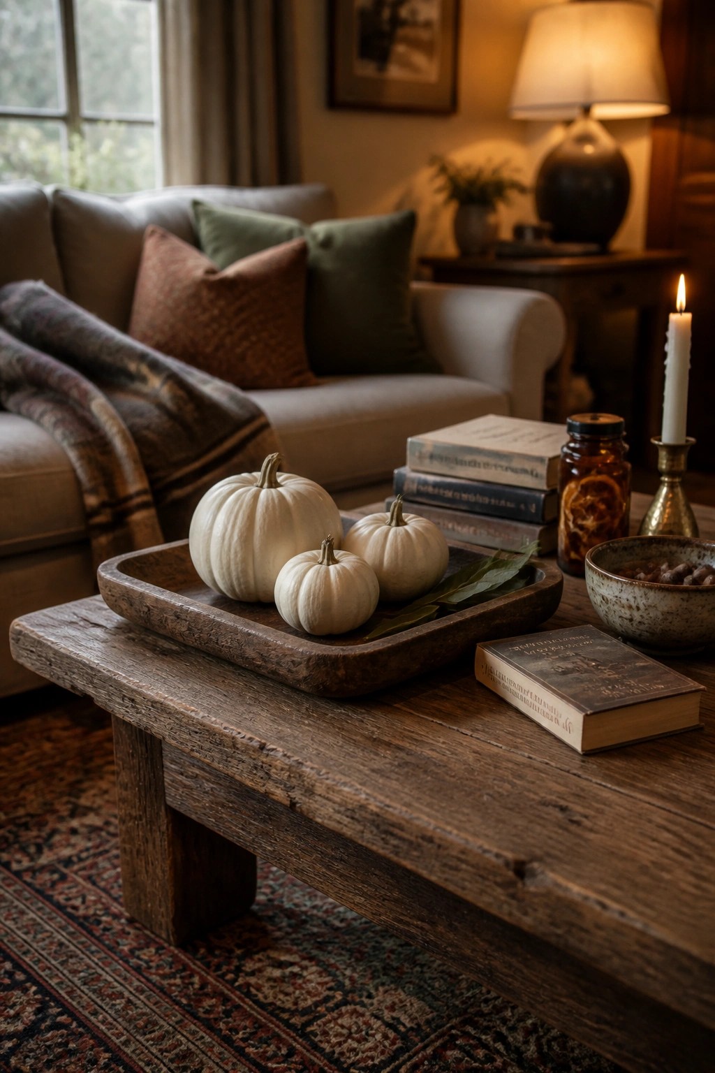A rustic wooden tray with three small white pumpkins and bay leaves rests on a wooden coffee table beside stacked books and a lit candle.