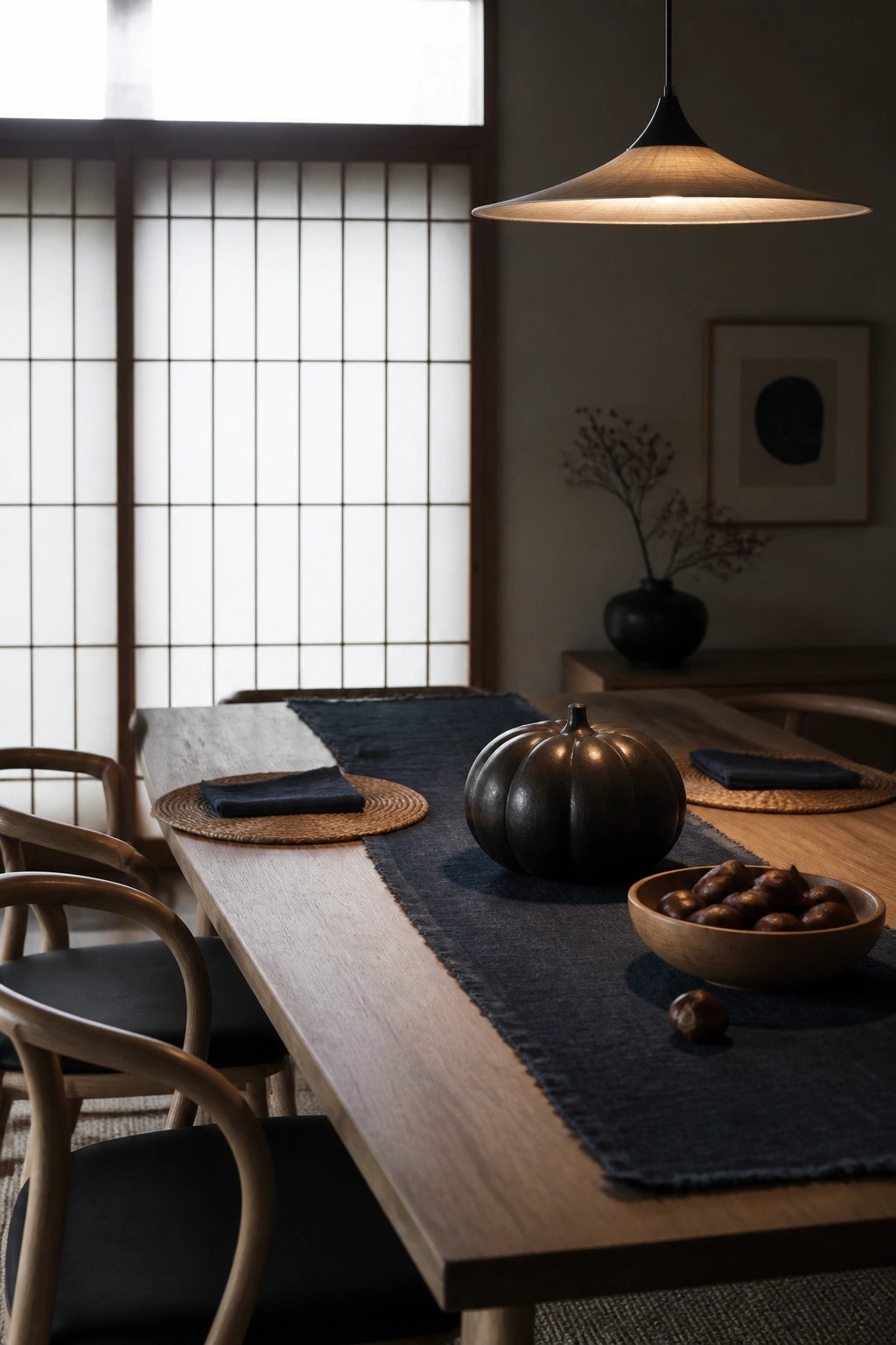 A wooden dining table with a dark runner, a dark pumpkin, a wooden bowl of chestnuts, woven placemats, and black napkins, set in front of shoji screens.