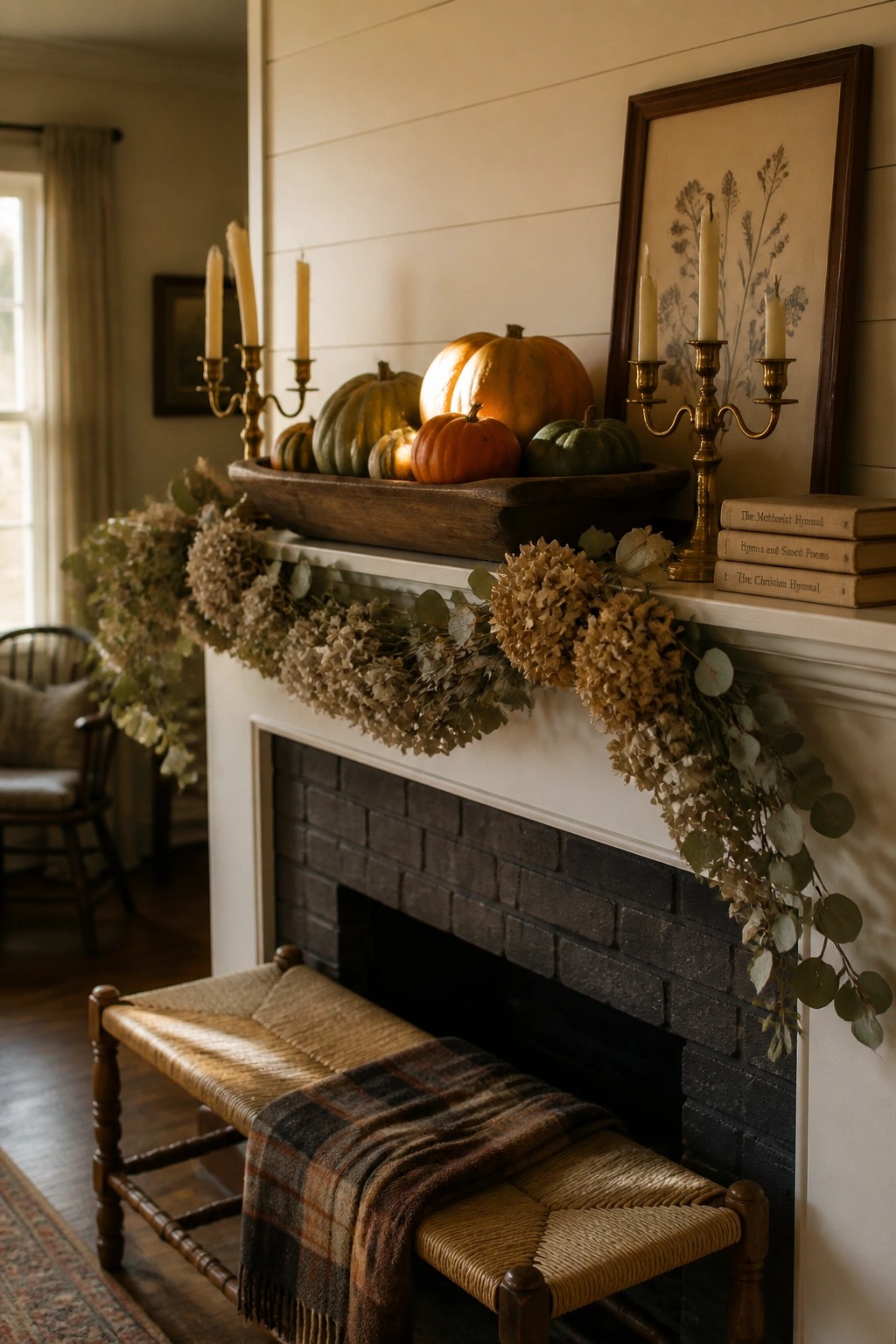 A brick fireplace mantel holds a long wooden trough filled with orange and green pumpkins, flanked by brass candlesticks, dried hydrangea garlands, and stacked vintage hymnals.