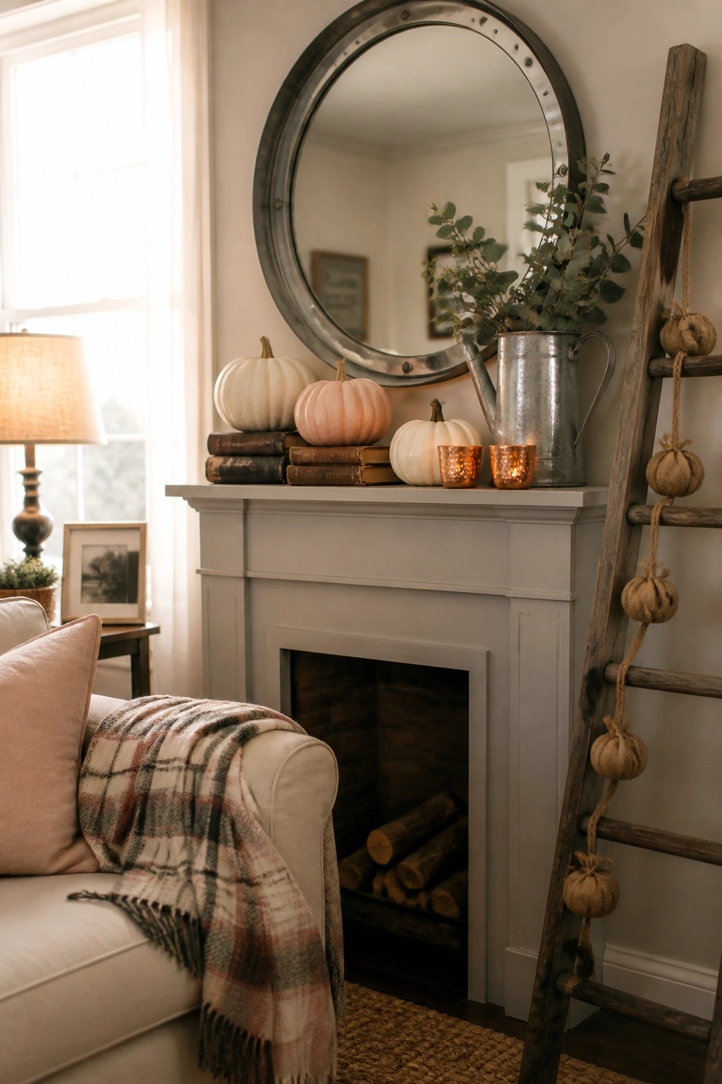 Cozy autumn mantel with pumpkins, books, candles, round mirror, and rustic ladder.