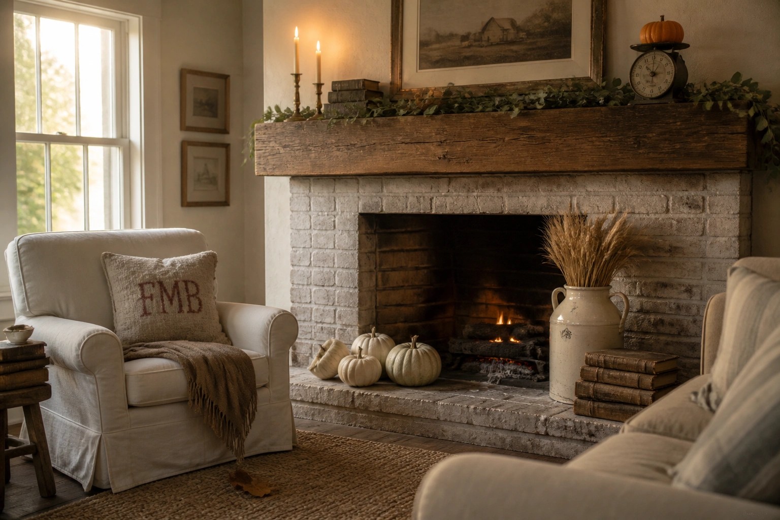 A white brick fireplace mantel decorated with white pumpkins, lit taper candles, old books, dried wheat in a pitcher, and a landscape painting above it in a living room setting.