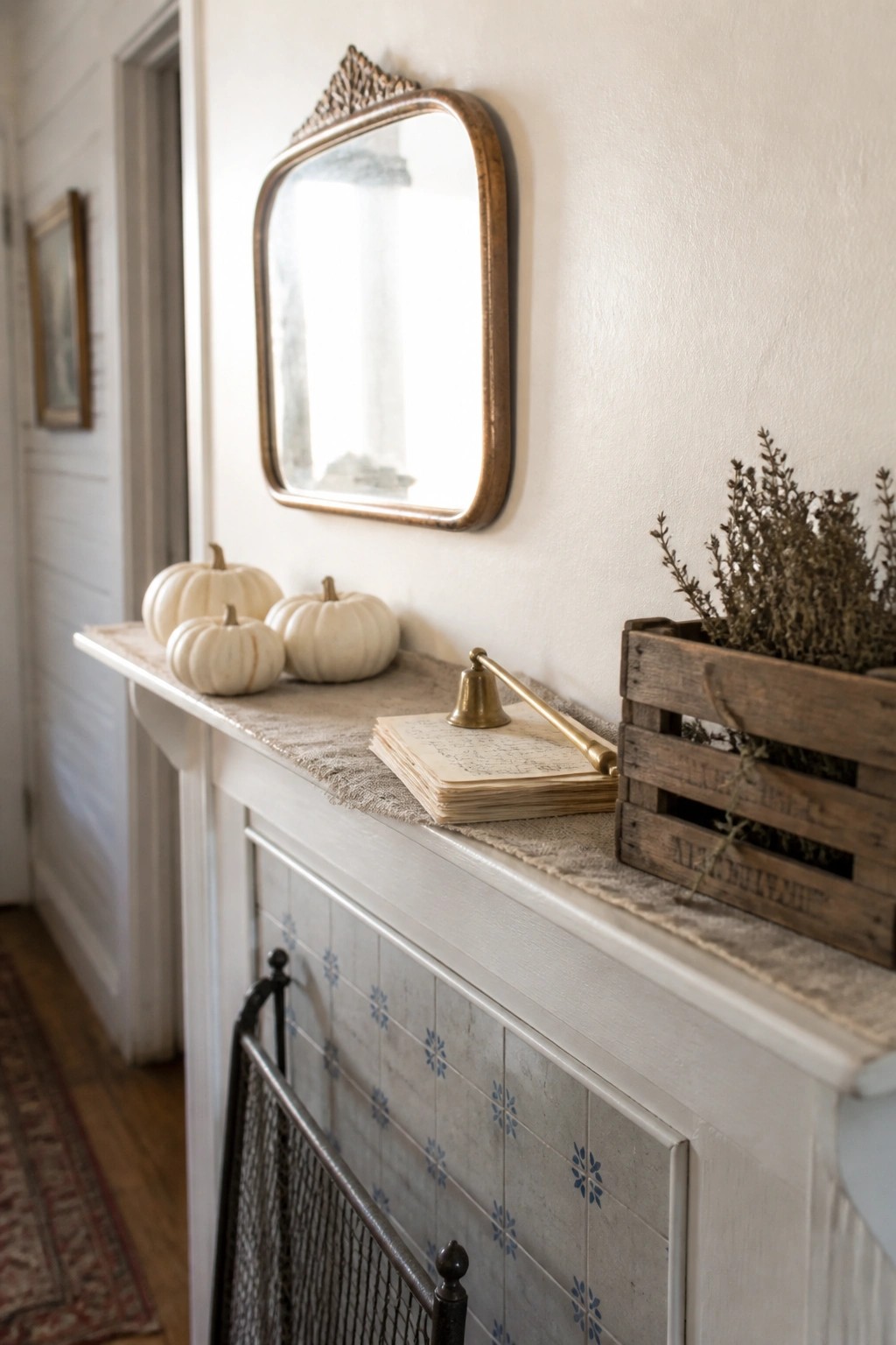 A white fireplace mantel with small white pumpkins, an open book, brass bell, and wooden crate with dried herbs, and a mirror above.