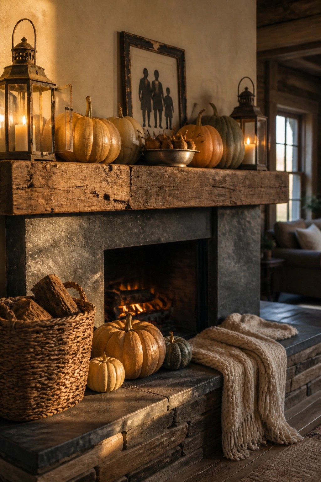 A stone fireplace with a thick wooden mantel holding assorted pumpkins, two lit lanterns, and a vintage framed silhouette.