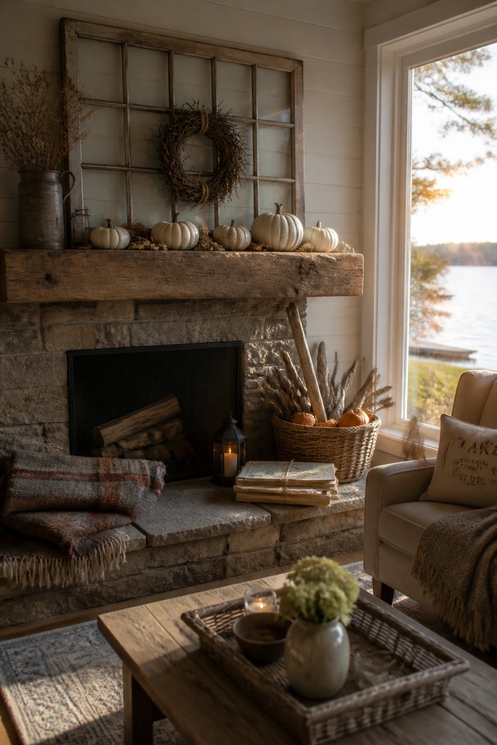 A stone fireplace with a thick wooden mantel holding white pumpkins, a grapevine wreath, and an old multi-pane window frame mounted above it.