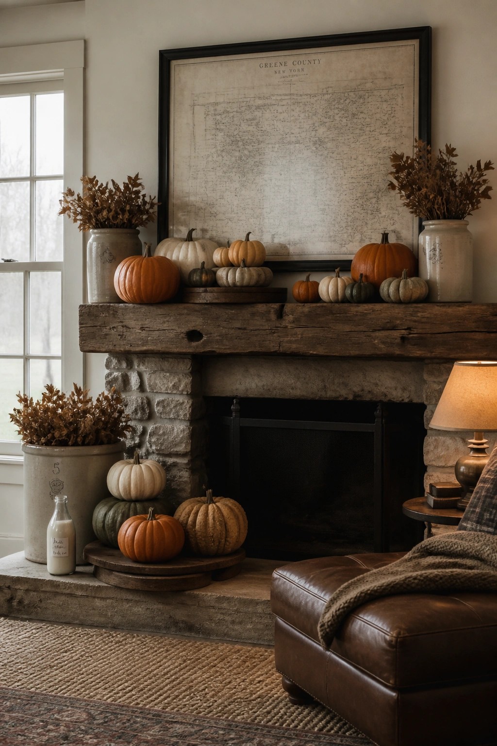 A stone fireplace with a thick wooden mantel holding pumpkins of various sizes and colors, vintage stoneware crocks with dried foliage, and a large framed map hanging above.