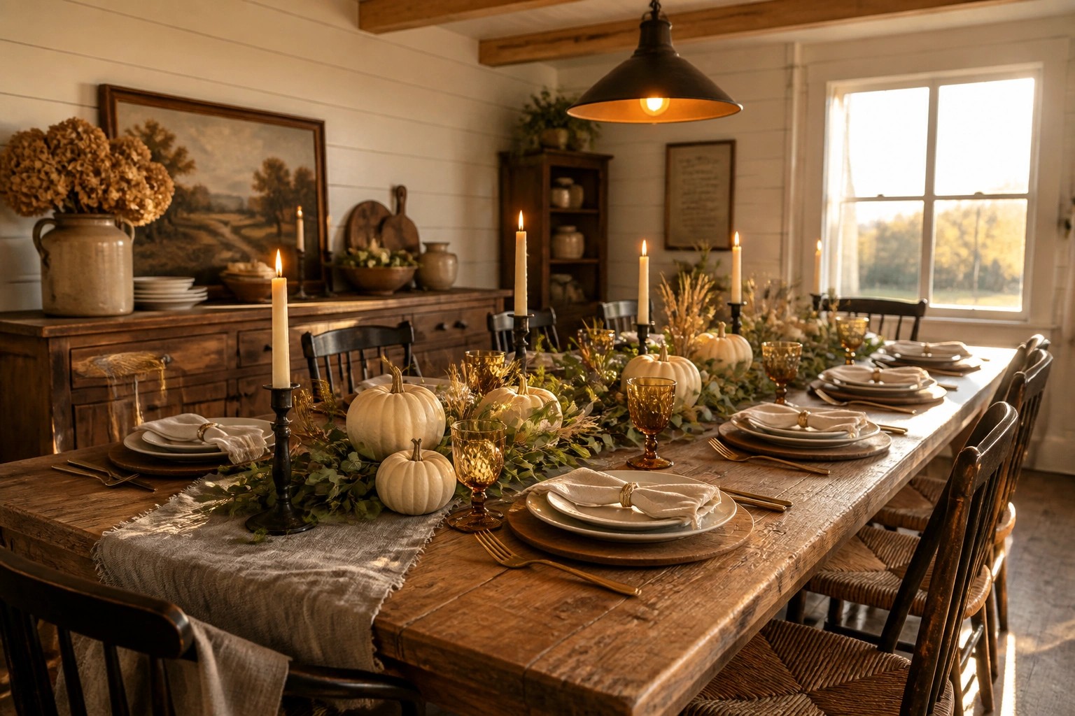 Rustic wooden table set with white pumpkins, lit candles, and amber glassware.