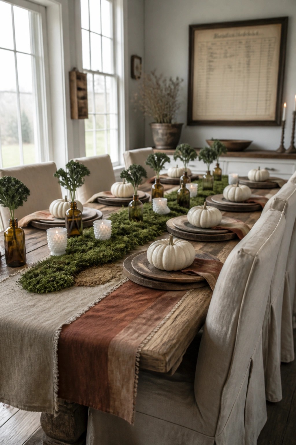 A long wooden dining table with a green moss runner down the center, white pumpkins on wood chargers, small kale plants in brown glass bottles, and lit candles.