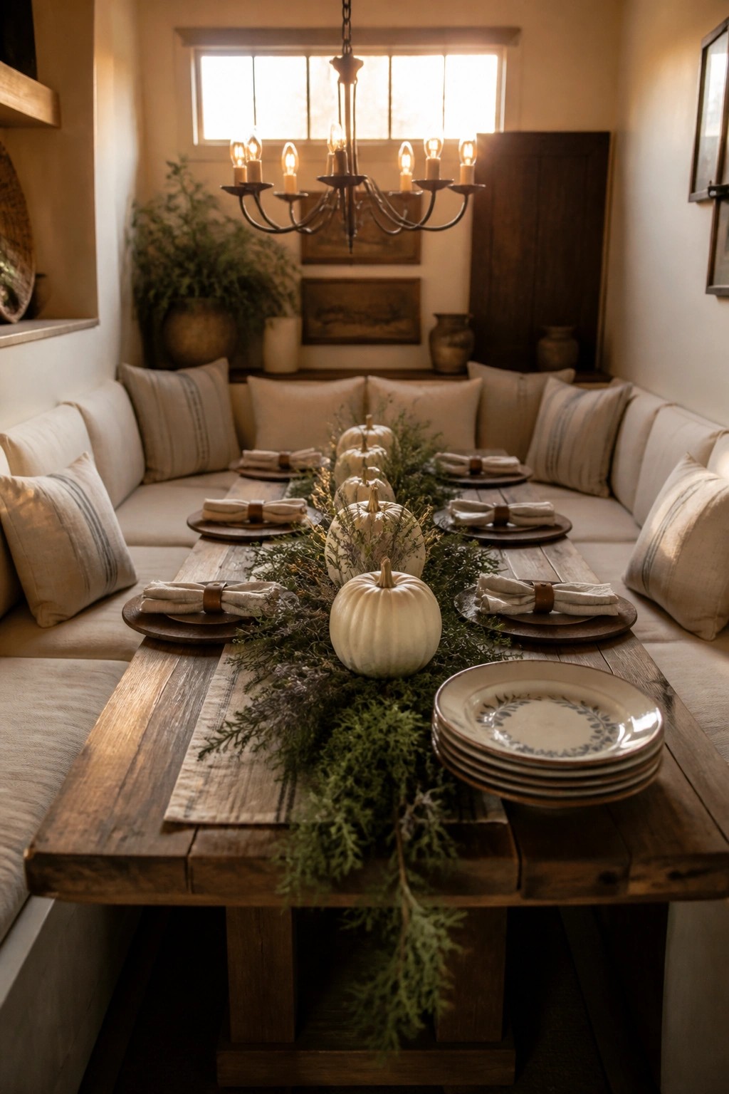 A long wooden dining table with a central arrangement of white pumpkins and greenery, set with wood chargers and folded napkins in a room with a banquette and overhead chandelier.