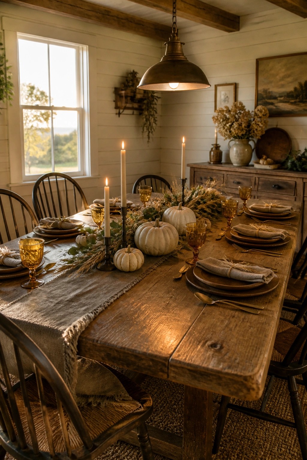 Rustic wooden table set with white pumpkins, lit candles, and amber glassware.