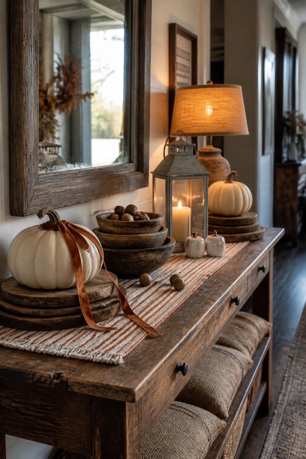 A rustic wooden console table styled with white pumpkins on stacked wood rounds, wooden bowls, a metal lantern with a candle, and a striped runner.