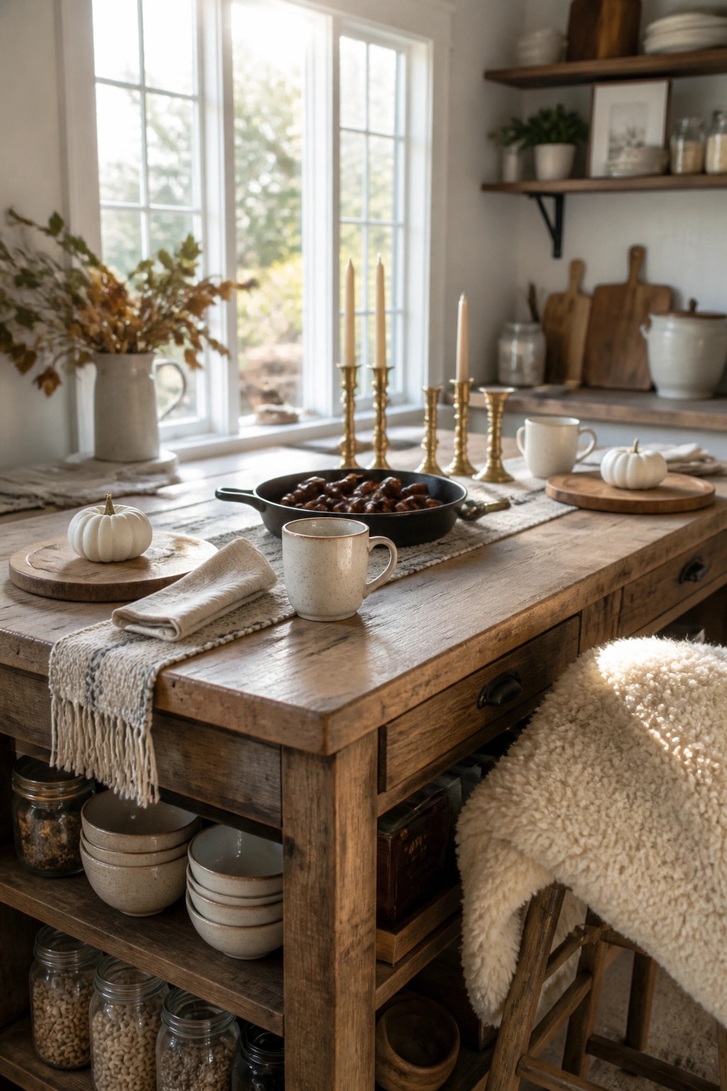 A rustic wooden kitchen table arranged with white pumpkins on round wooden boards, brass candle holders, a cast iron skillet, and neutral ceramic mugs near a window.