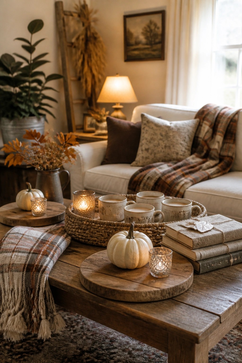 A wooden coffee table in a living room holds white pumpkins on round wood chargers, a basket of mugs, stacked books, and lit candles.